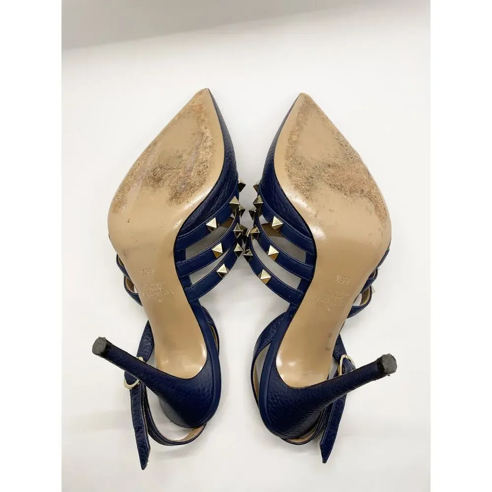Valentino Garavani Rockstud slingback pumps Navy Blue pebbled calfskin leather